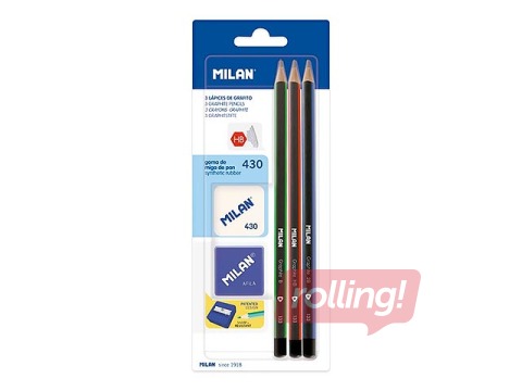 Komplekts Milan, 3 trīsstūra zīmuļi, dzēšgumija, asinātājs