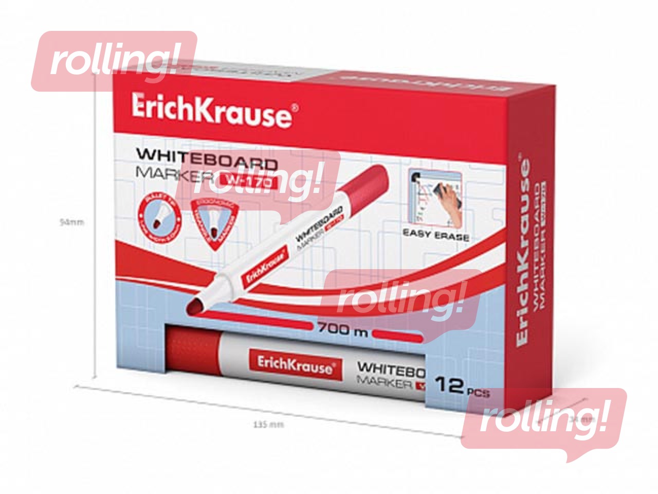 Marķieris baltajai tāfelei, ErichKrause W-170, trīsstūrveida forma, apaļš, sarkans