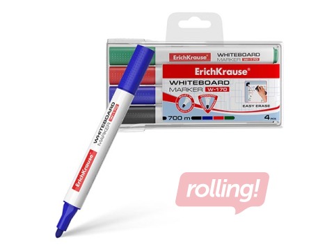 Marķieru komplekts baltajai tāfelei, ErichKrause W-170, trīsstūrveida forma, apaļš, 4 krāsas