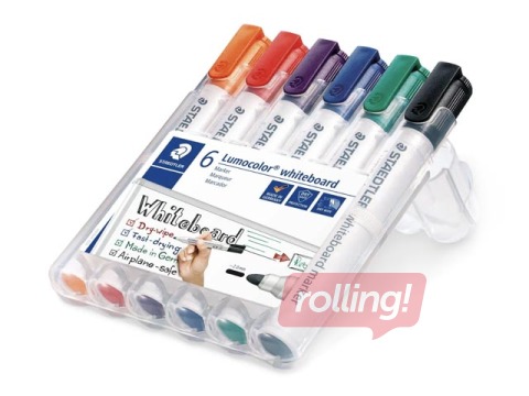 Marķieru komplekts baltajām un stikla tāfelēm Staedtler Lumocolor, 6 krāsas