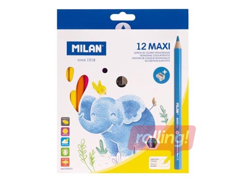 Krāsainie zīmuļi Milan Maxi, 12 krāsas, ar asinātāju