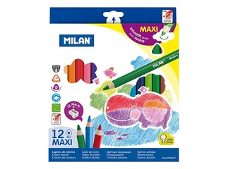 Krāsainie zīmuļi Milan Maxi, trīsstūra, 12 krāsas, ar asinātāju