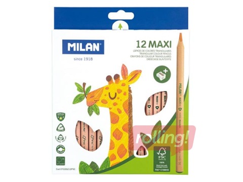 Krāsainie zīmuļi MILAN 12 krāsas, trīsstūra, Maxi, dabīga koka