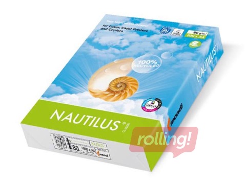 Papīrs Nautilus Classic, 100% pārstrādāts, A4, 80 g/m2, 500 loksnes