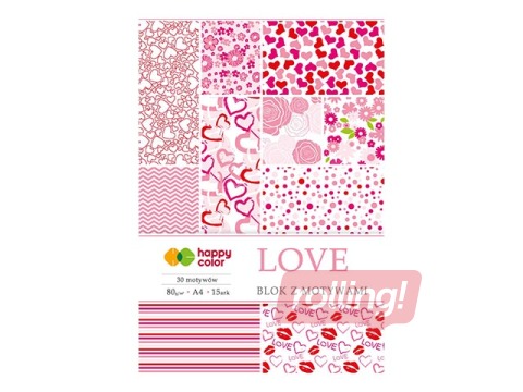 Dizaina papīrs ar motīvu LOVE, A4, 80g/m², 15 loksnes, 30 dizaini