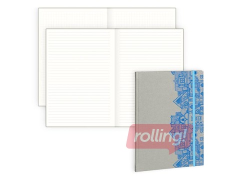 Piezīmju grāmata Textile,  A5, rūtiņu, pelēka ar zilu gumiju