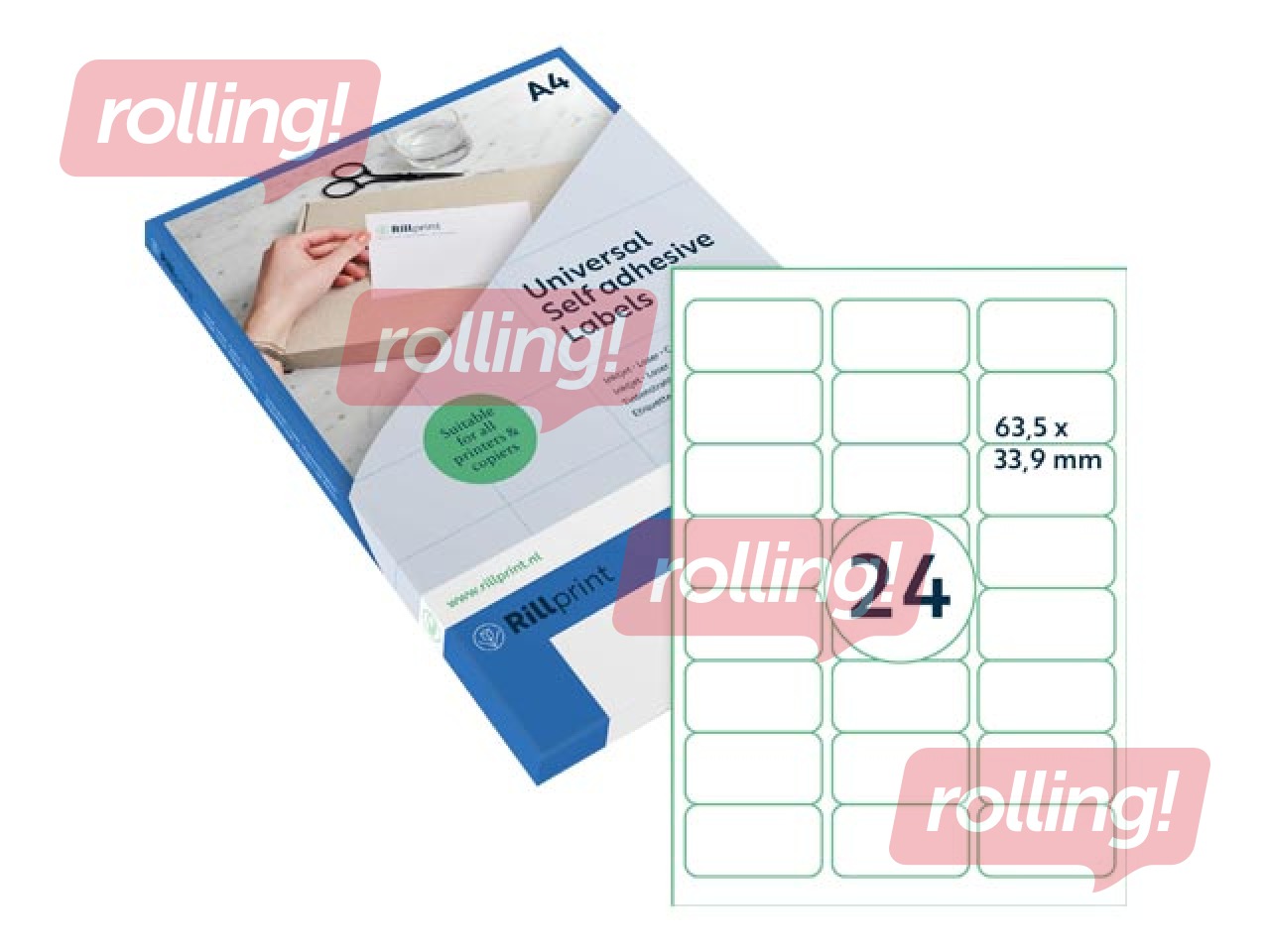 Uzlīmes Rillprint, A4, 63.5x33.9 mm,100 loksnes, baltas 