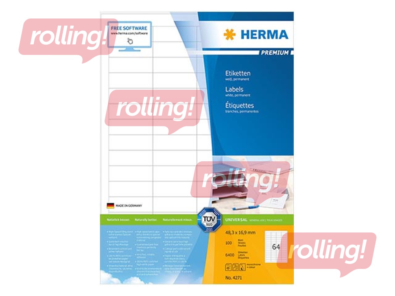 Uzlīmes Herma Premium, A4, 48,3x16,9 mm, 100 loksnes, baltas