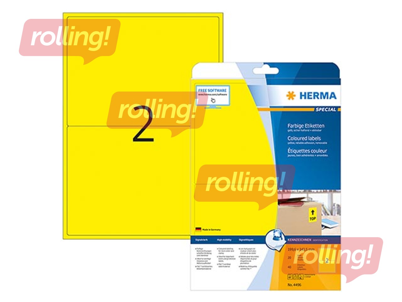 Uzlīmes Herma A4, 199.6x143.5 mm, noņemamas, 20 loksnes, dzeltenas