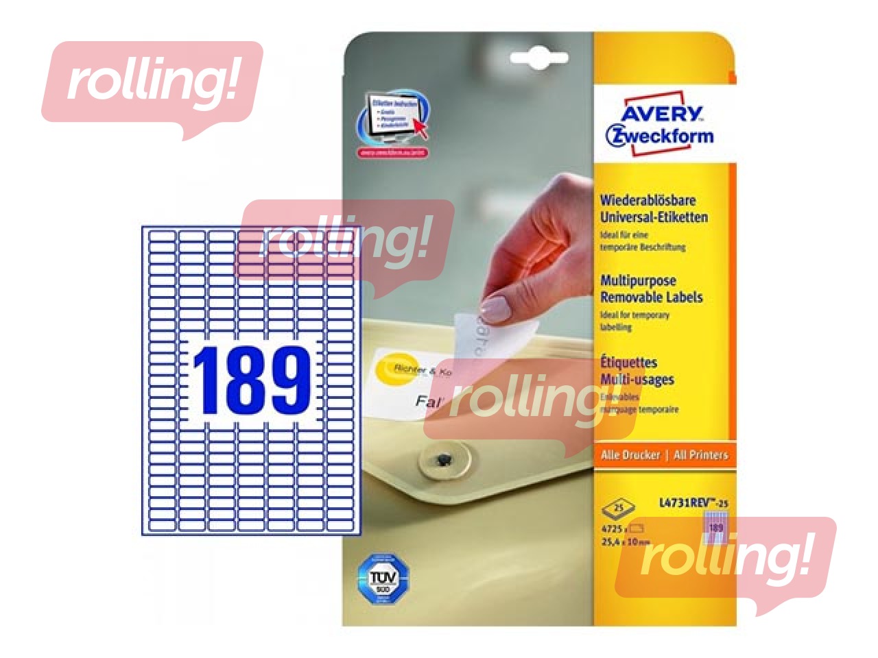 Uzlīmes AVERY Zveckform A4, 25.4x10mm, 25 loksnes, baltas