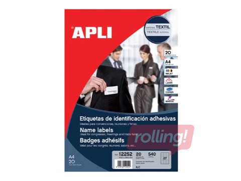 Uzlīmes APLI tekstīlam, 63.5x29.6mm, 20 loksnes/540 uzlīmes