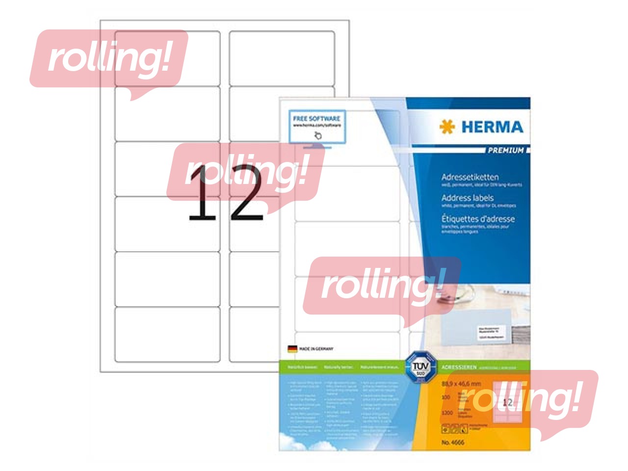 Uzlīmes Herma  A4, 88.9x46.6 mm, 100 loksnes, baltas, noturīgas