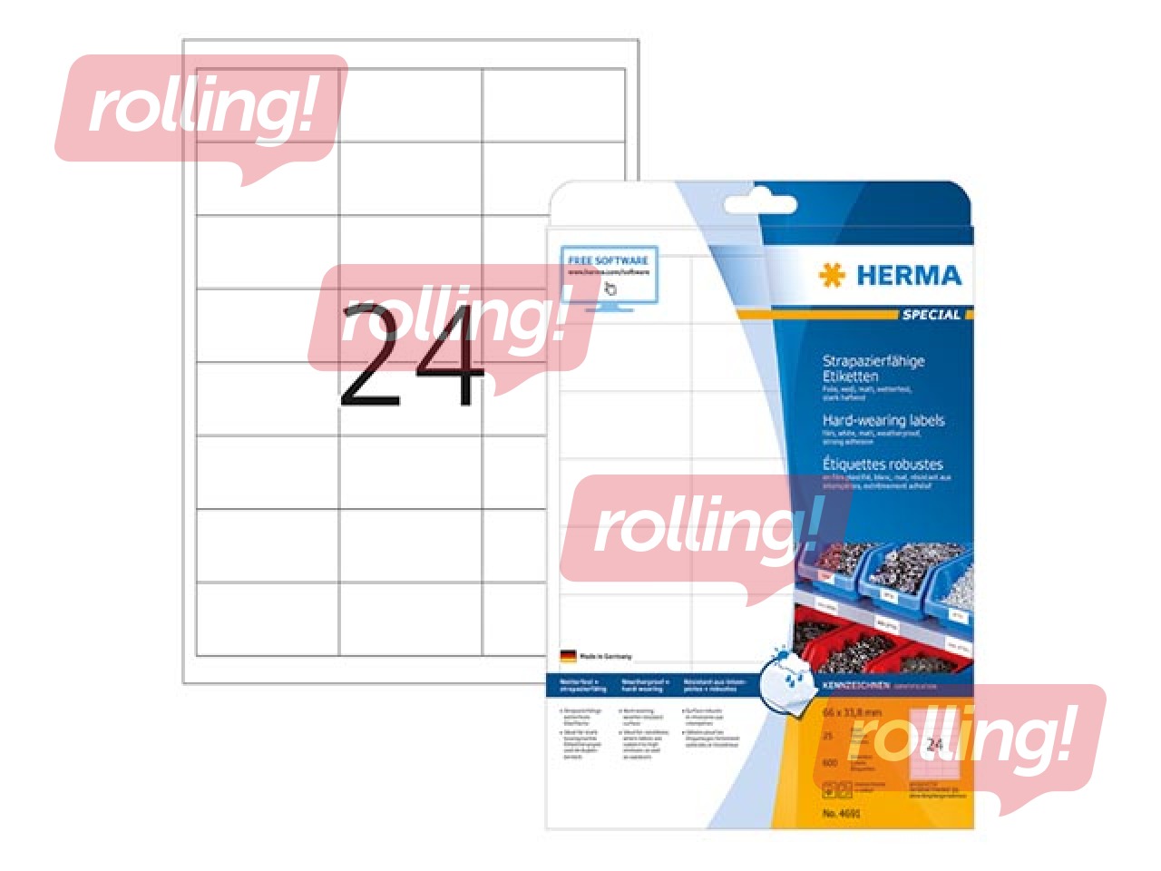 Uzlīmes Herma A4, 66 x 33.8 mm, 25 loksnes, mitrumizturīgas, baltas