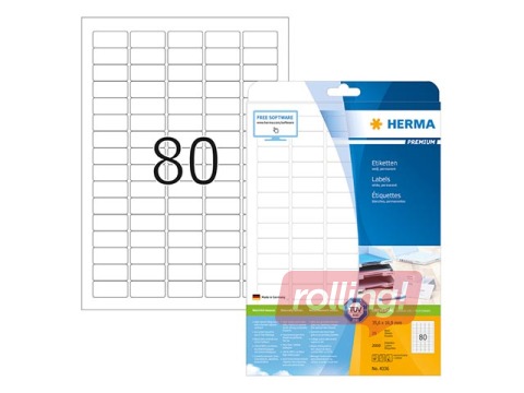 Uzlīmes Herma  Premium A4, 35.6x16.9 mm, 25 loksnes, baltas, noturīgas