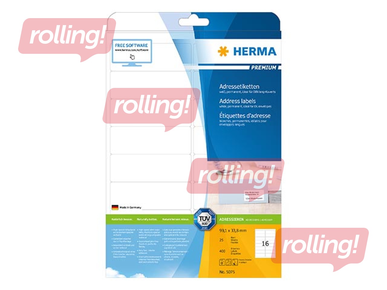 Uzlīmes Herma Premium A4, 99.1x33.8 mm, 25 loksnes, baltas, noturīgas