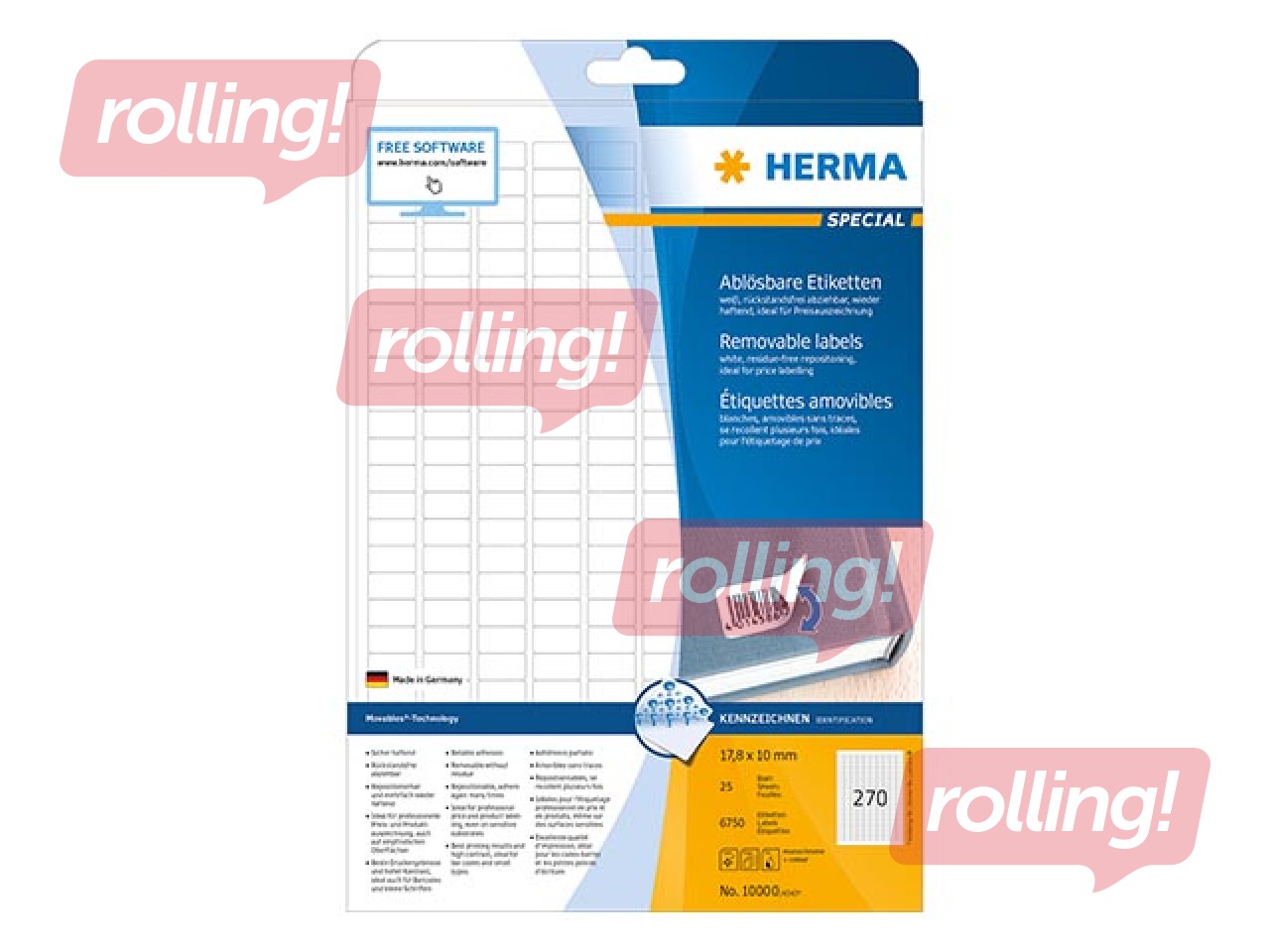 Uzlīmes Herma, A4, 17,8x10 mm, 25 loksnes, noņemamas baltas