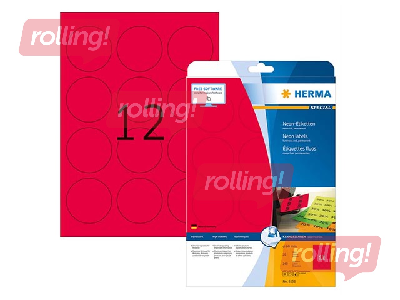 Uzlīmes Herma, A4, Ø 60 mm, 20 loksnes, noturīgas, neonsarkanas