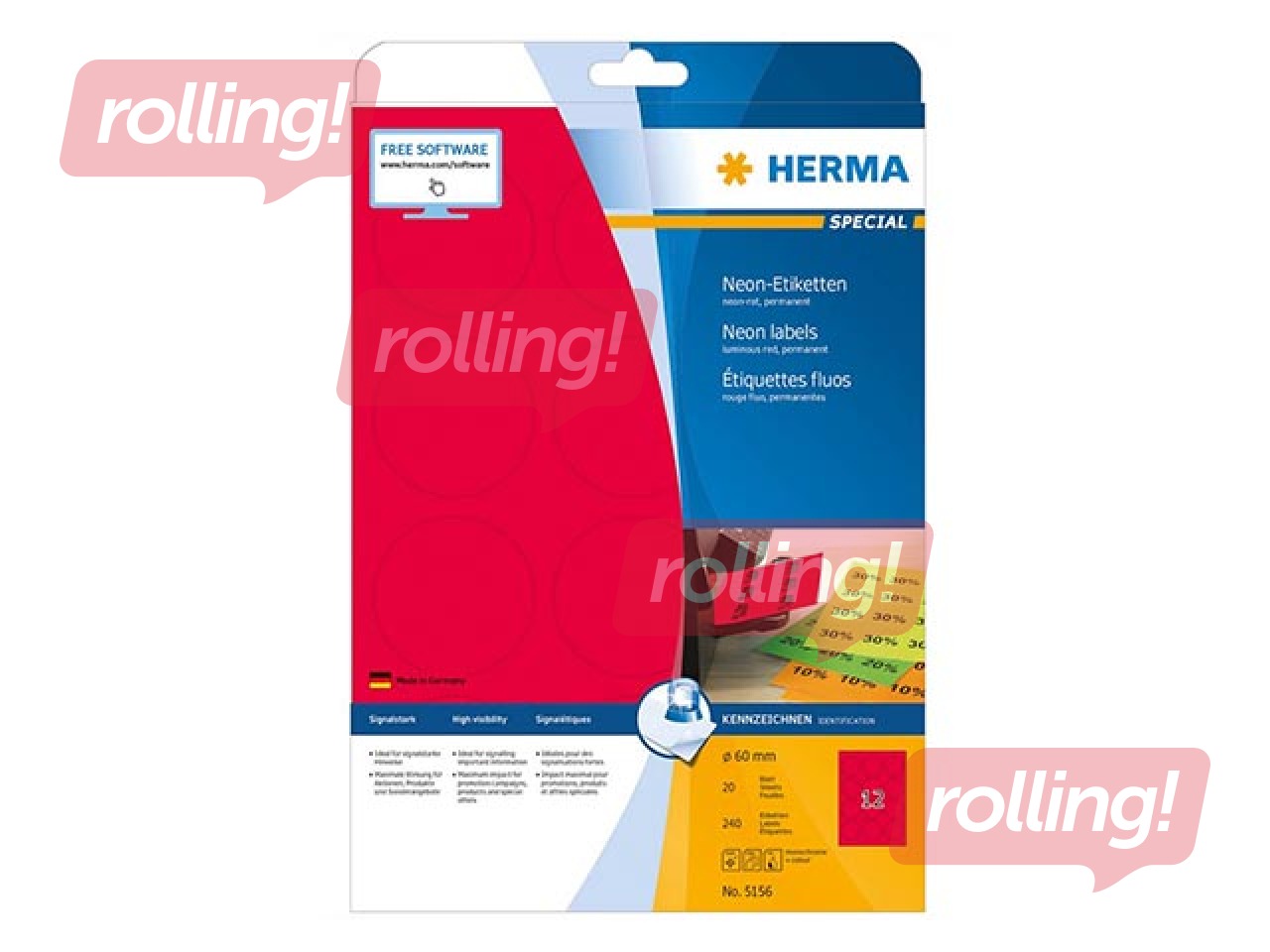 Uzlīmes Herma, A4, Ø 60 mm, 20 loksnes, noturīgas, neonsarkanas