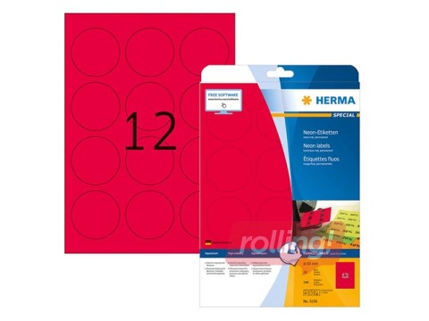 Uzlīmes Herma, A4, Ø 60 mm, 20 loksnes, noturīgas, neonsarkanas