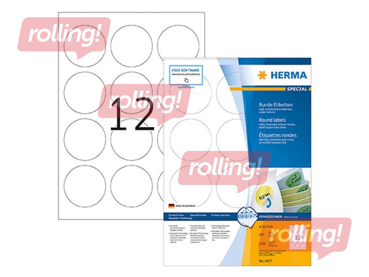 Uzlīmes - aplīši Herma, A4, Ø 60 mm, 25 loksnes, viegli noņemamas, baltas