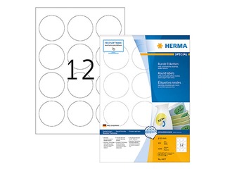 Uzlīmes - aplīši Herma, A4, Ø 60 mm, 25 loksnes, viegli noņemamas, baltas