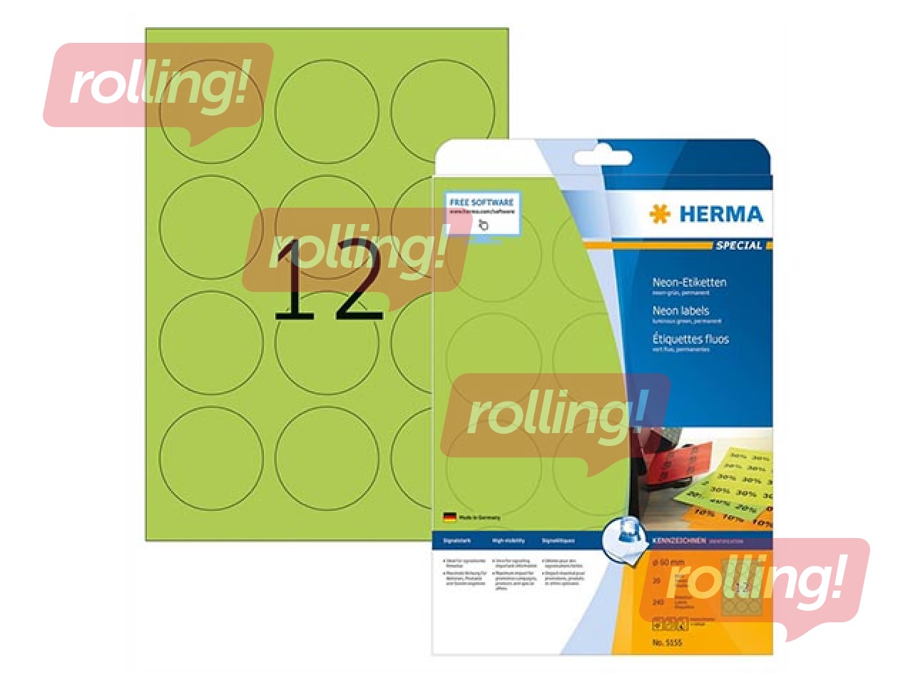 Uzlīmes Herma, A4, Ø 60 mm, 20 loksnes, noturīgas, neonzaļas