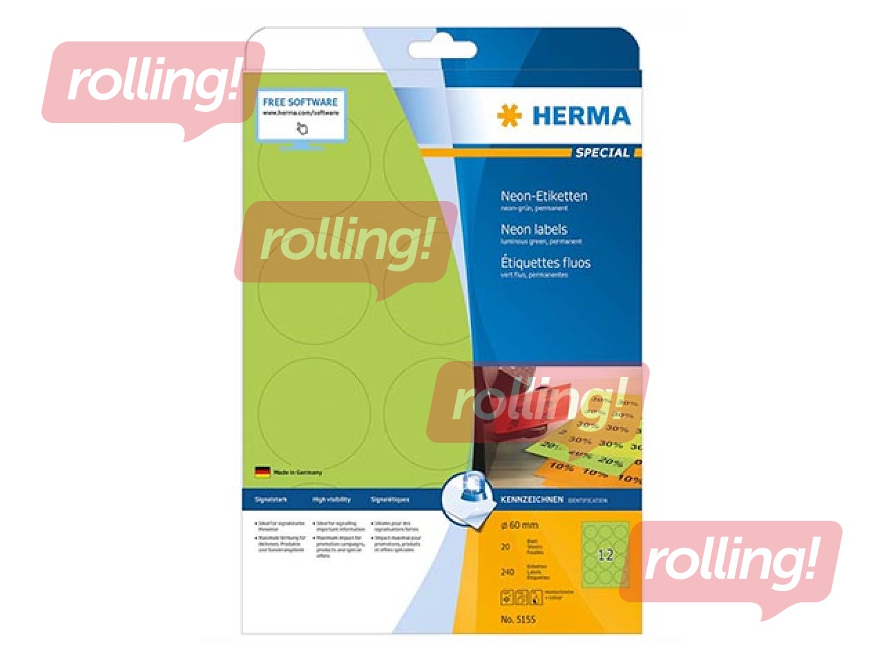 Uzlīmes Herma, A4, Ø 60 mm, 20 loksnes, noturīgas, neonzaļas