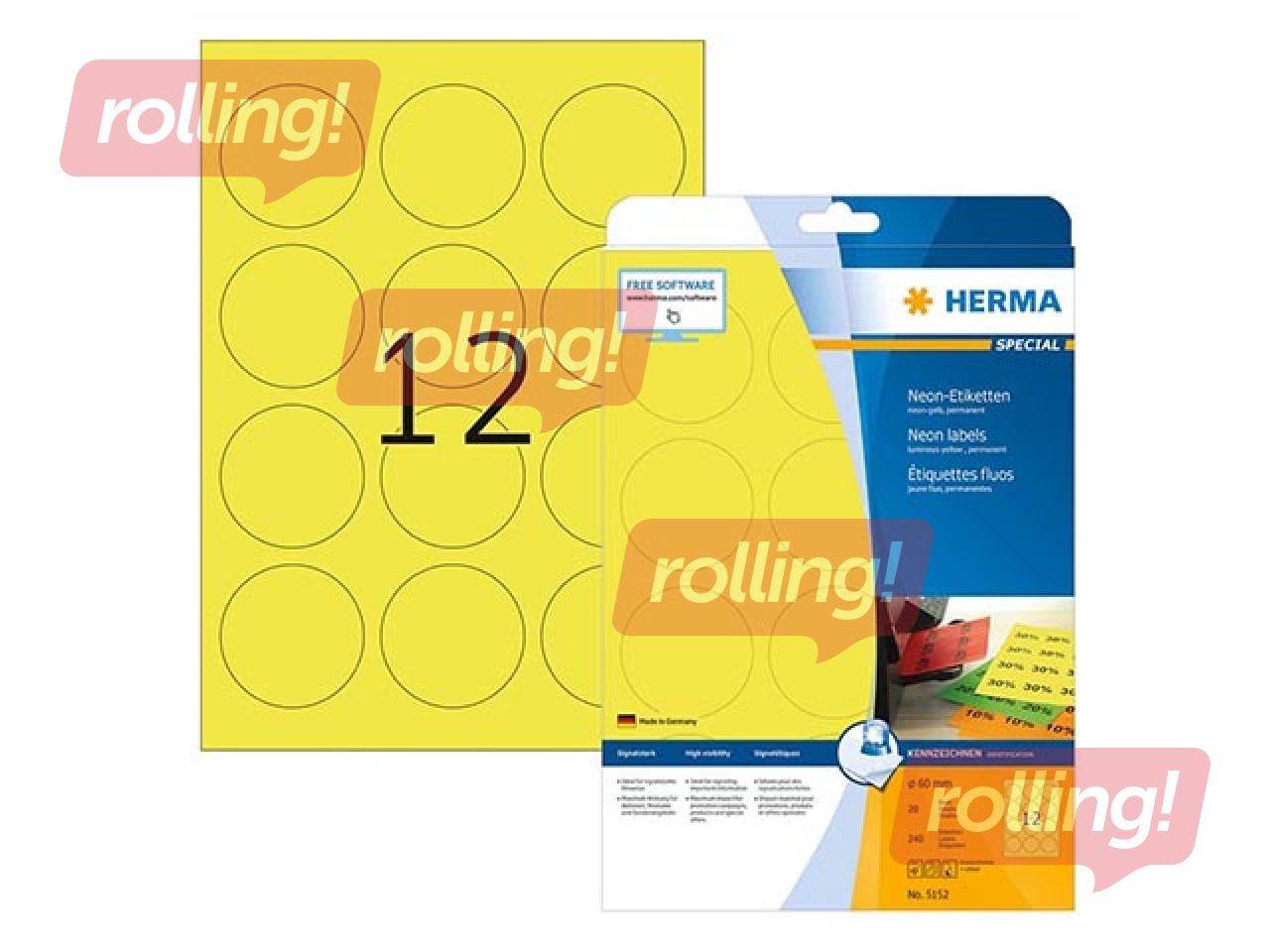 Uzlīmes Herma, A4, Ø 60 mm, 20 loksnes, noturīgas, neondzeltenas