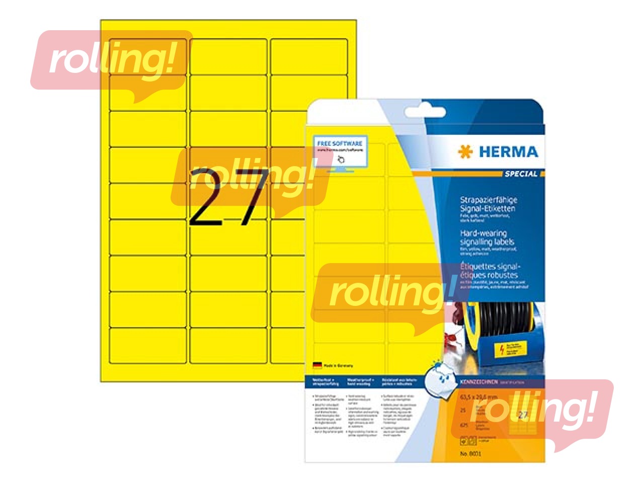 Uzlīmes Herma Special, A4, 63.5x29.6 mm, 25 loksnes, dzeltenas, noturīgas