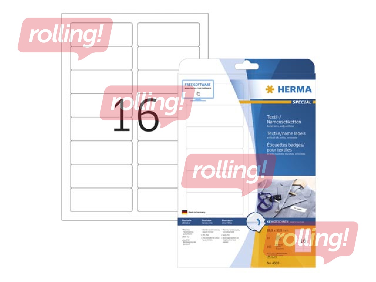 Uzlīmes Herma, A4, 88,9 x 33,8 mm, 10 loksnes, baltas, audumam