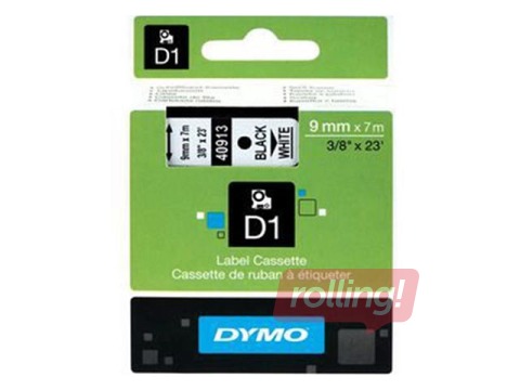 Marķēšanas lente Dymo D1, 9 mm x 7m, melni burti uz balta fona