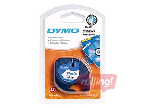 Marķēšanas lente Dymo, 12 mm x 4 m, plastikāta, melni burti uz balta fona