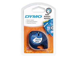 Marķēšanas lente Dymo, 12 mm x 4 m, plastikāta, melni burti uz balta fona