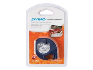 Marķēšanas lente Dymo, 12 mm x 4 m, metāliska, melni burti uz sudraba fona