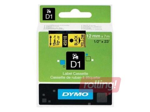 Marķēšanas lente DYMO D1, 12 mm x 7 m, melni burti uz dzeltena fona 