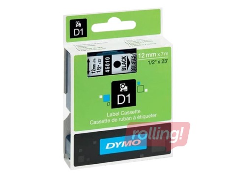 Marķēšanas lente DYMO D1, 12 mm x 7 m, melni burti uz caurspīdīga fona 