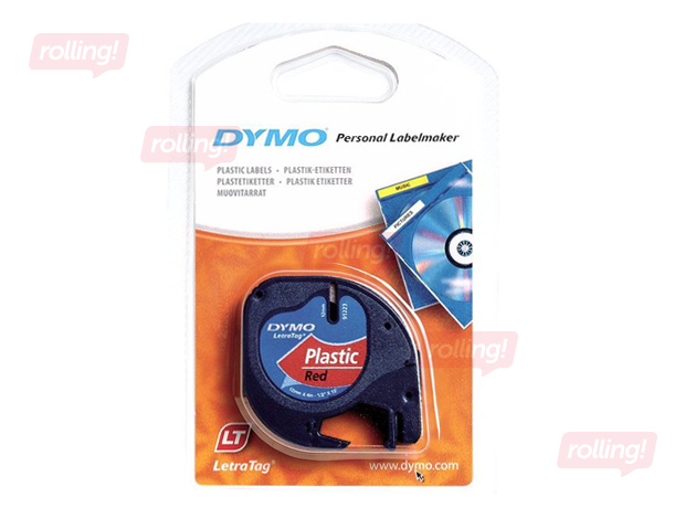 Marķēšanas lente Dymo, 12 mm x 4 m, plastikāta, melni burti uz sarkana fona