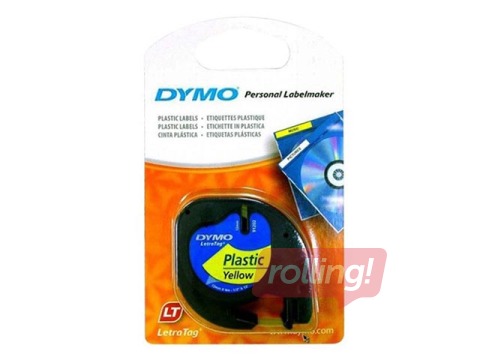 Marķēšanas lente Dymo, 12 mm x 4 m, plastikāta, melni burti uz dzeltena fona