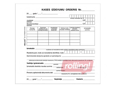 Kases izdevumu orderis, 1/3 no A4, paškopējošas, 2 eksemplāri, 50 komplekti
