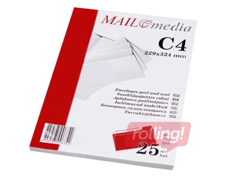 Aploksnes pašlīmējošas ar lentu, C4, 25 gab., baltas