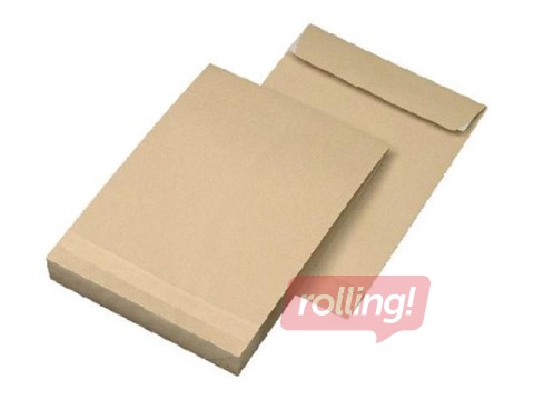 Aploksne pašlīmējoša ar lentu, paplatinātu apakšu un sānu ielocēm, 450x350x80mm, brūna