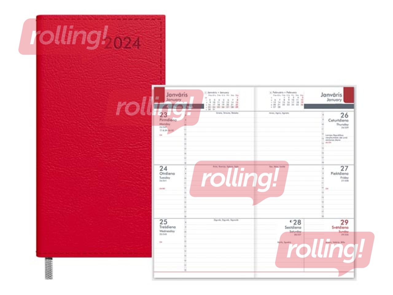 Kabatas kalendārs Midi, mākslīgā āda, sarkans