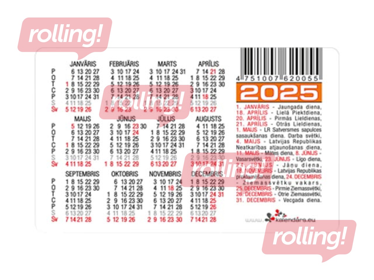 Kabatas kalendārs, divpusējs, Nr.7, 60x92mm