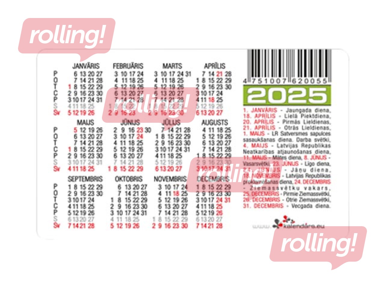 Kabatas kalendārs, divpusējs, Nr.8, 60x92mm