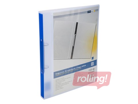 Mape ar 2 riņķiem un caurspdīgu priekšējo kabatu, A4, caurspīdīgi zila, 20mm