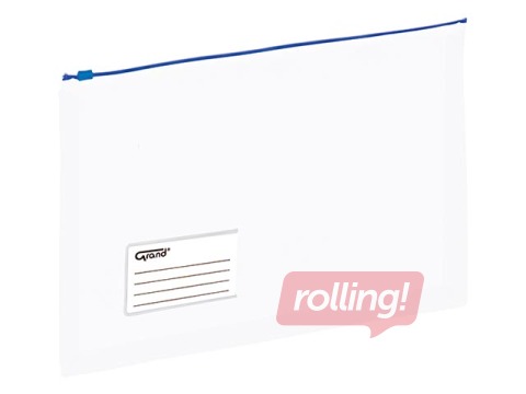 Mape slēdzama ar paplatinājumu Grand, A4, caurspīdīga, zils rāvējslēdzējs