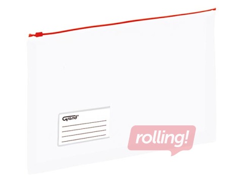 Mape slēdzama ar paplatinājumu Grand, A4, caurspīdīga, sarkans rāvējslēdzējs