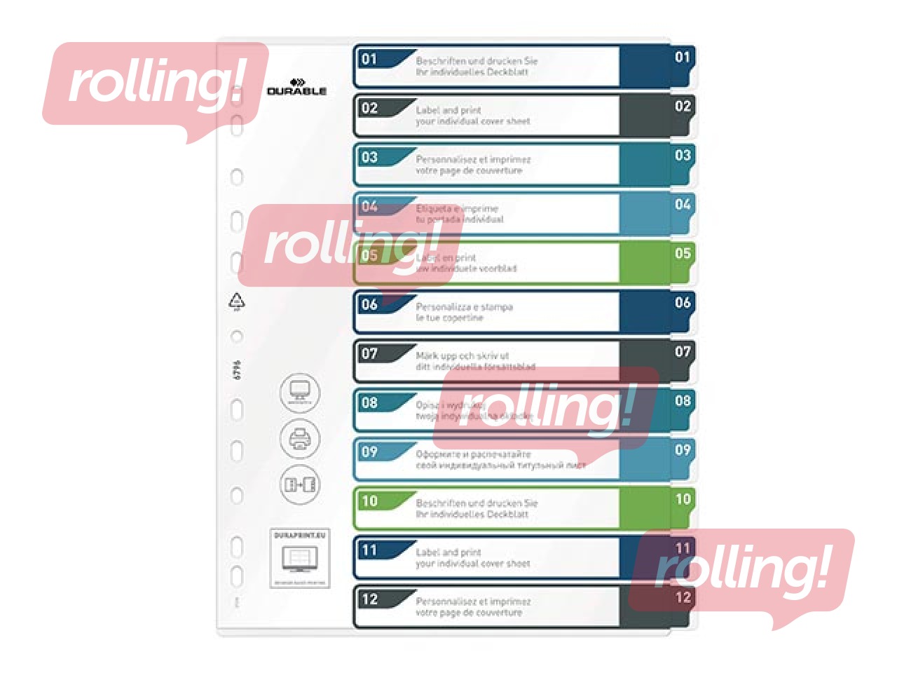 Dokumentu sadalītājs Durable 1-12, A4+, PP, krāsains