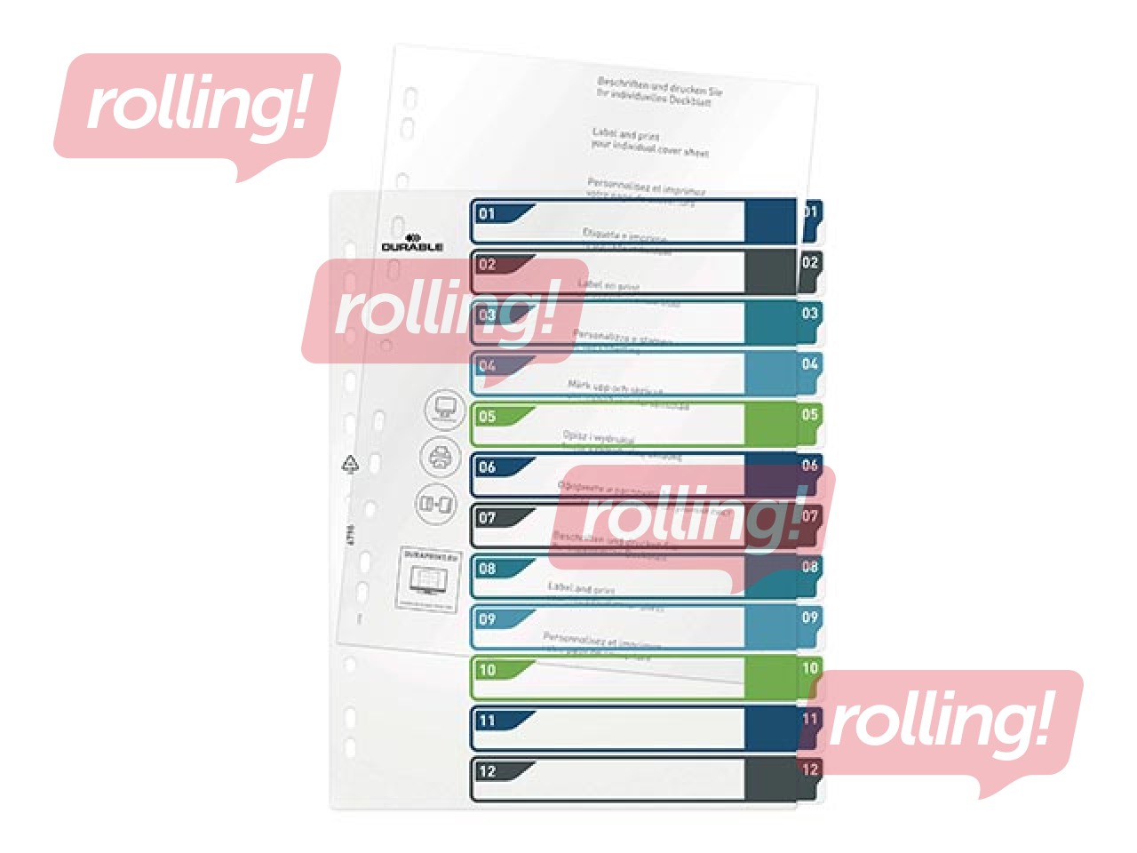 Dokumentu sadalītājs Durable 1-12, A4+, PP, krāsains