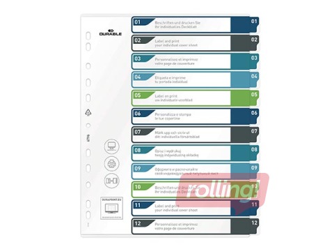 Dokumentu sadalītājs Durable 1-12, A4+, PP, krāsains